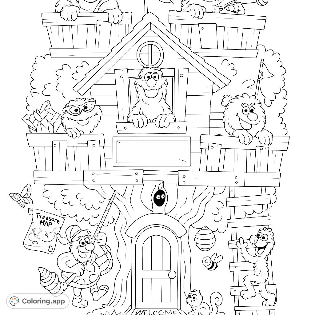 A whimsical monster treehouse adventure with playful creatures, perfect for imaginative coloring fun and creative expression.