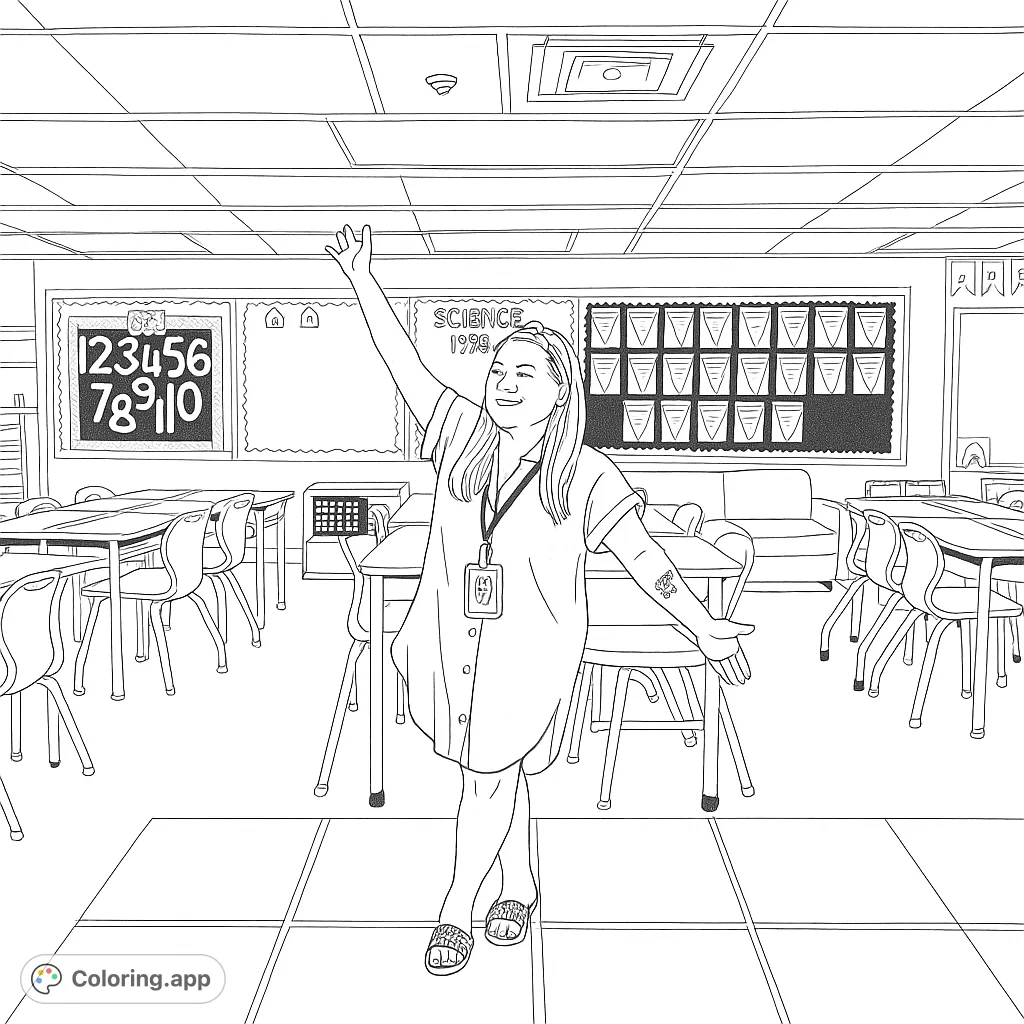 A cheerful teacher welcomes you to a vibrant classroom, ready for learning and creativity. Perfect for students and educators to personalize.
