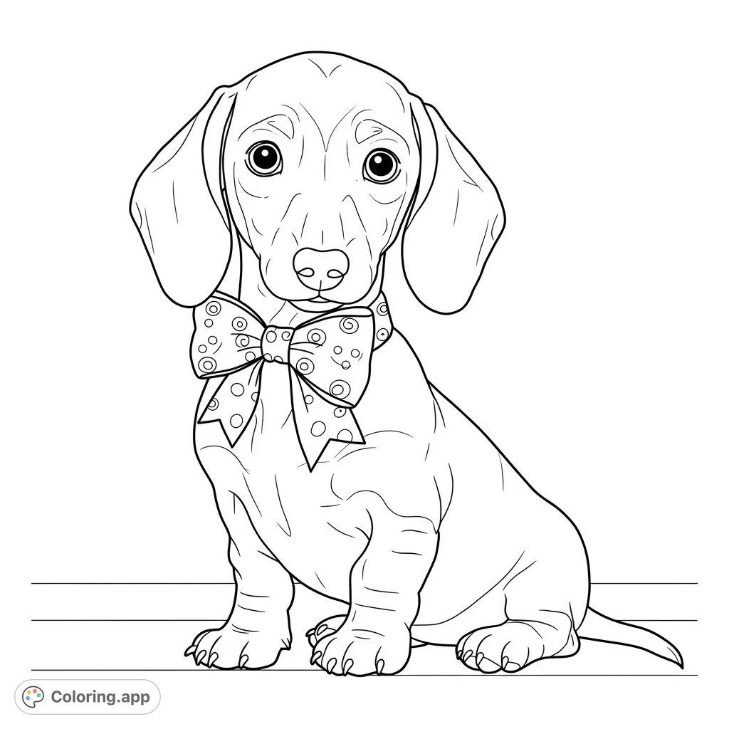 An adorable wiener dog puppy with a charming bow, ready for a creative splash of color. Perfect for dog lovers and aspiring artists.