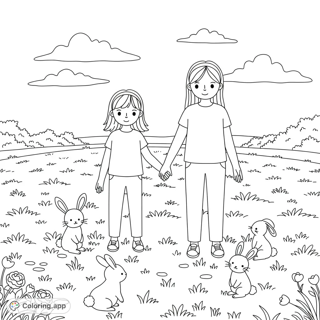 A heartwarming scene of two girls holding hands, surrounded by three adorable bunnies in a sunny field. A delightful girls and bunnies coloring page.