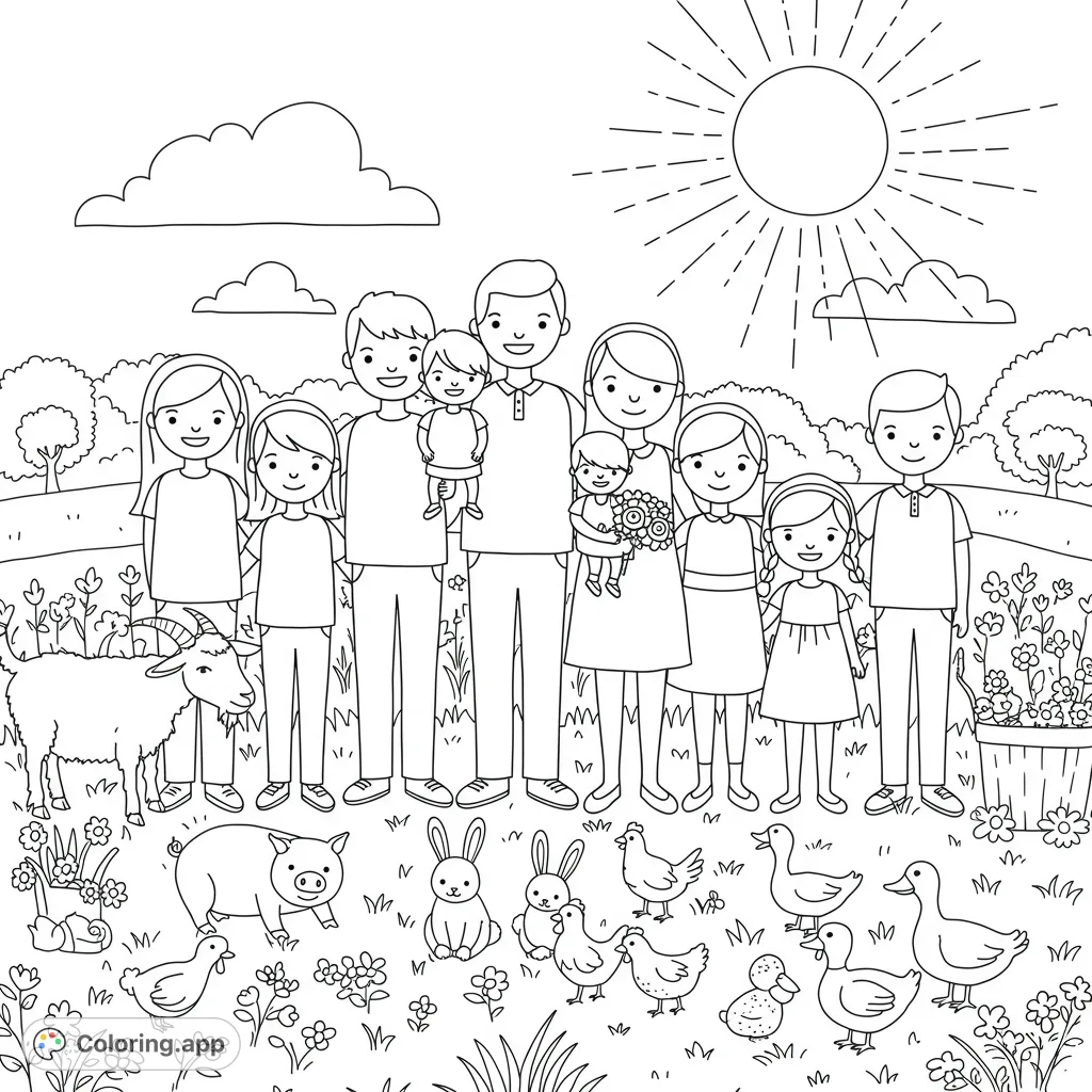 A heartwarming family coloring page featuring a dad, mom, and five children amidst a sunny farm scene with friendly animals. Perfect for kids and adults!