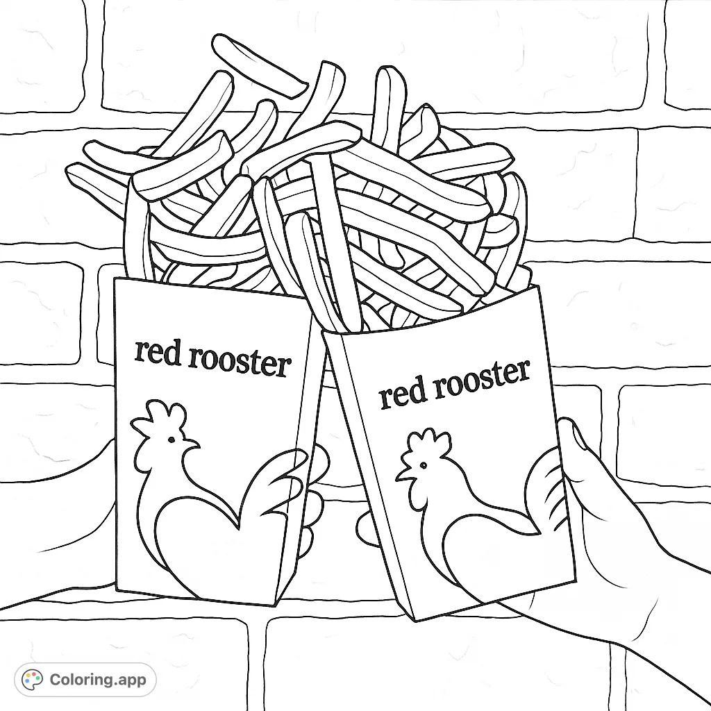 A fun french fries coloring page featuring two containers overflowing with crispy potato sticks, held by hands against a textured brick wall.