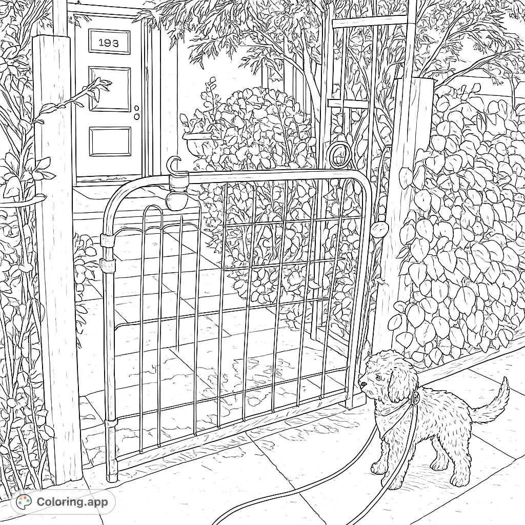 A fluffy puppy stands curiously at an open ornate gate, inviting you to explore a charming home entrance scene. Perfect for dog lovers.