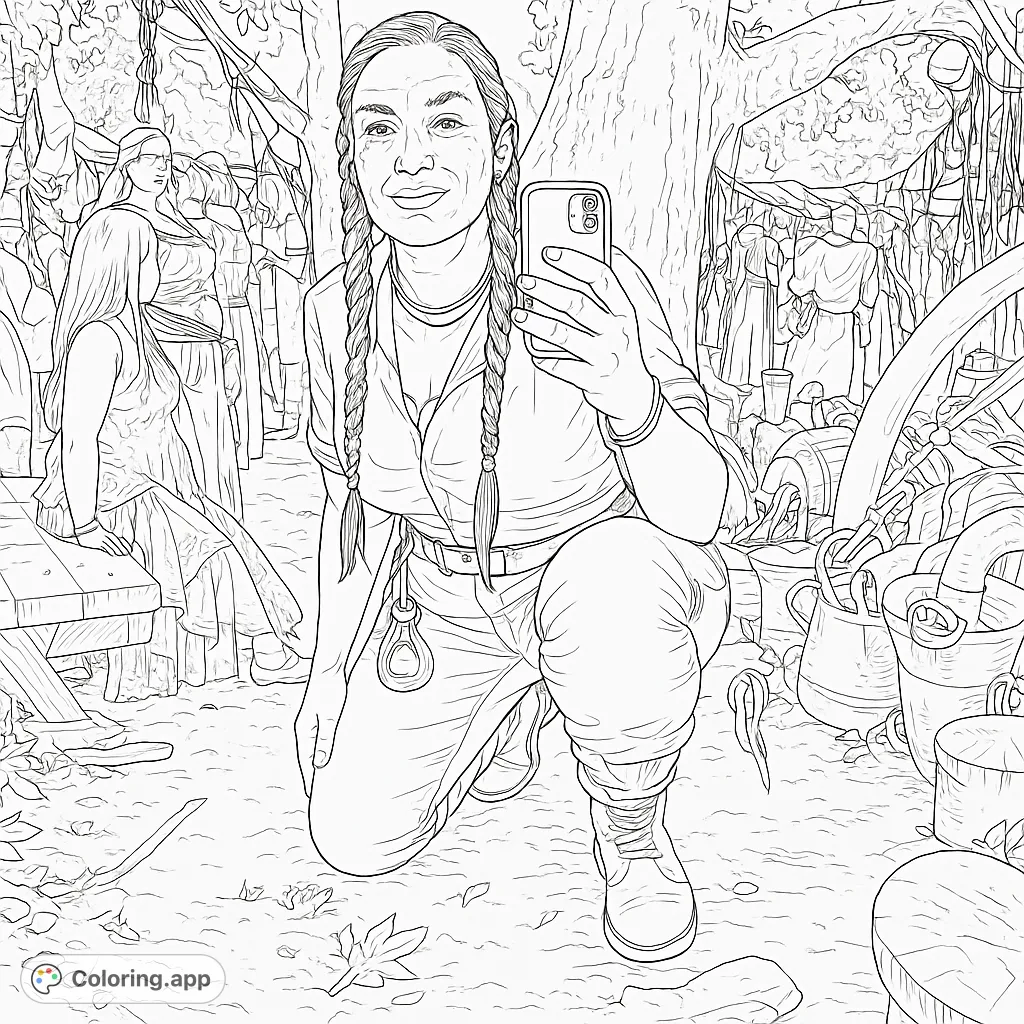 Capture a unique fantasy festival moment with this detailed coloring page. Features a person taking a selfie amidst a lively, rustic outdoor gathering.