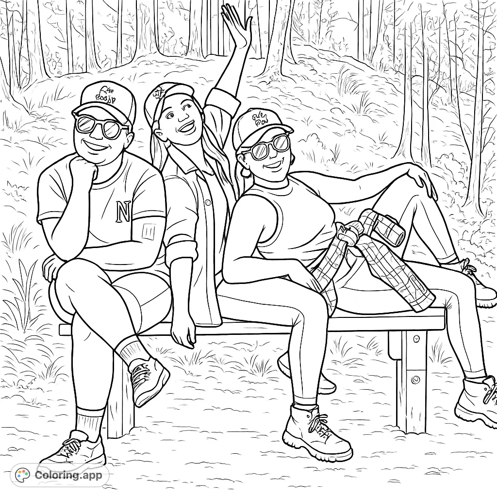 Three friends enjoying a moment on a rustic bench amidst a peaceful forest, perfect for a relaxing outdoor coloring page.