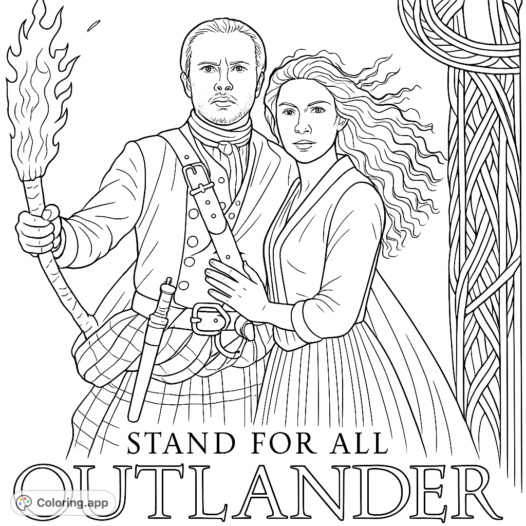 An epic Highlander couple stands with a torch and a Celtic cross, ready for adventure. A detailed historical fantasy coloring page for fans.
