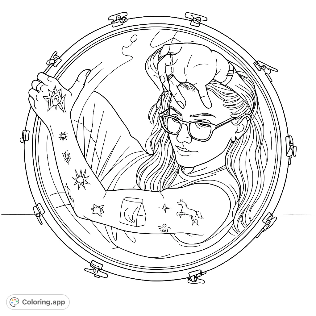 An artistic portrait of a person inside a large drum, featuring intricate details like tattoos and drum hardware. A unique musical coloring page.