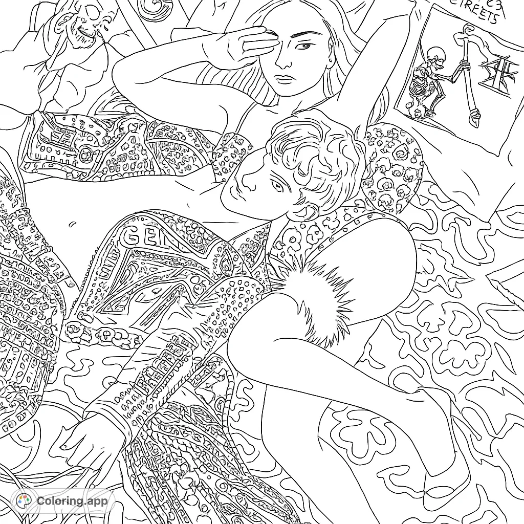 An edgy punk rock duo coloring page, featuring heavily studded jackets, chains, and a rebellious aesthetic. Perfect for alternative fashion enthusiasts.