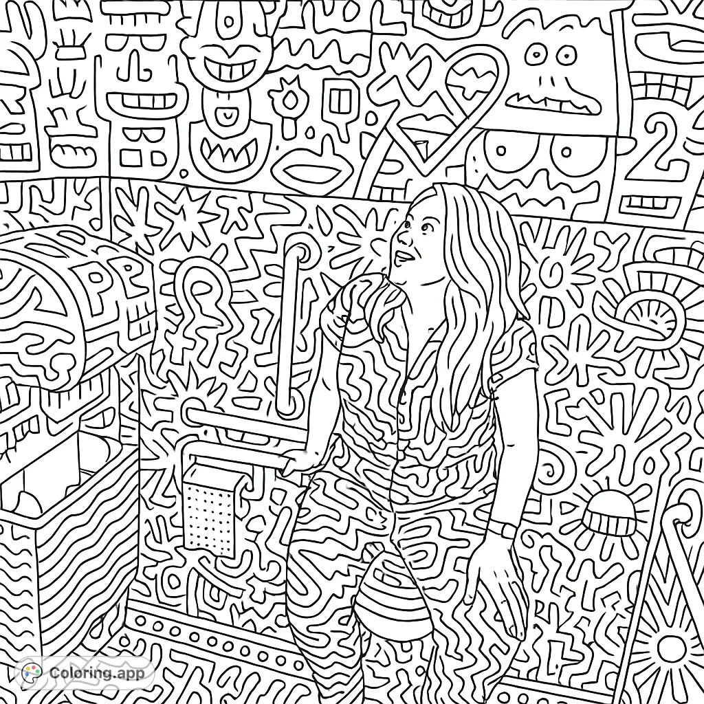 Dive into a world of abstract doodles! This unique coloring page features a joyful figure amidst a wall covered in whimsical patterns, perfect for creative expression.