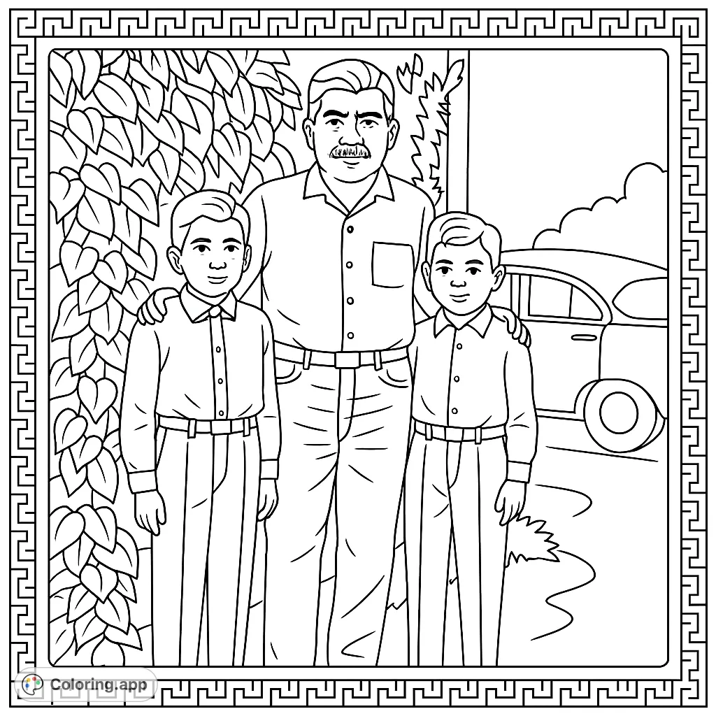 Capture a timeless family moment with this outdoor scene featuring three figures and a decorative border. Perfect for adding your personal touch.