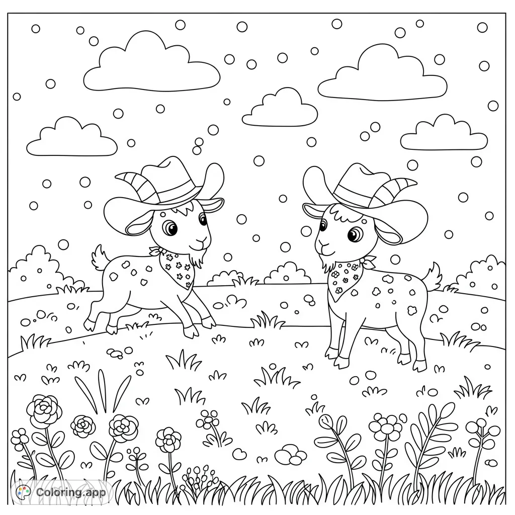 A delightful coloring page featuring two playful goats in cowboy hats, frolicking in a grassy field under a polka-dotted sky with clouds.