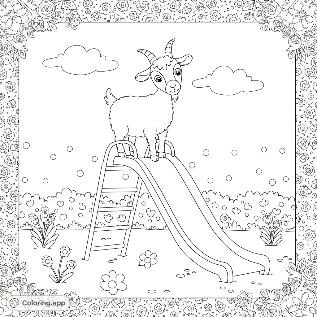 A charming goat stands playfully on a playground slide, surrounded by simple plants and decorative borders, perfect for a fun coloring adventure.