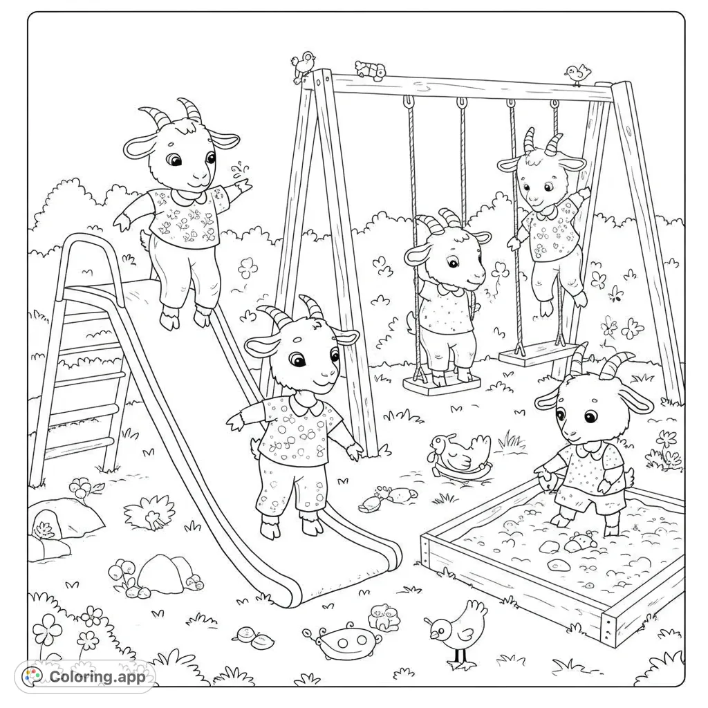 A charming cartoony scene featuring four playful goats in pants on a simple playground, with cute animal motifs and pet companions. Perfect for kids!