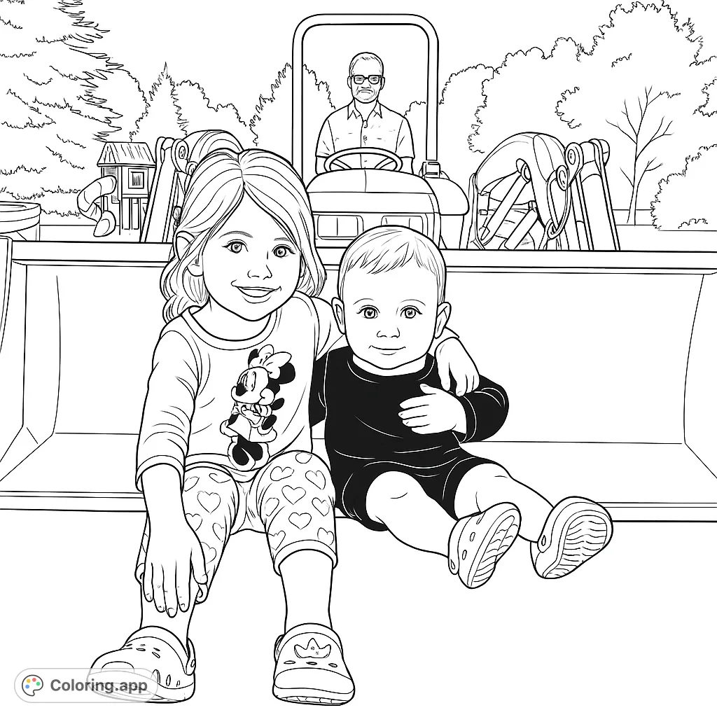 Two happy children sit on a large vehicle, with a person on a tractor behind them. A fun outdoor scene for kids to color.