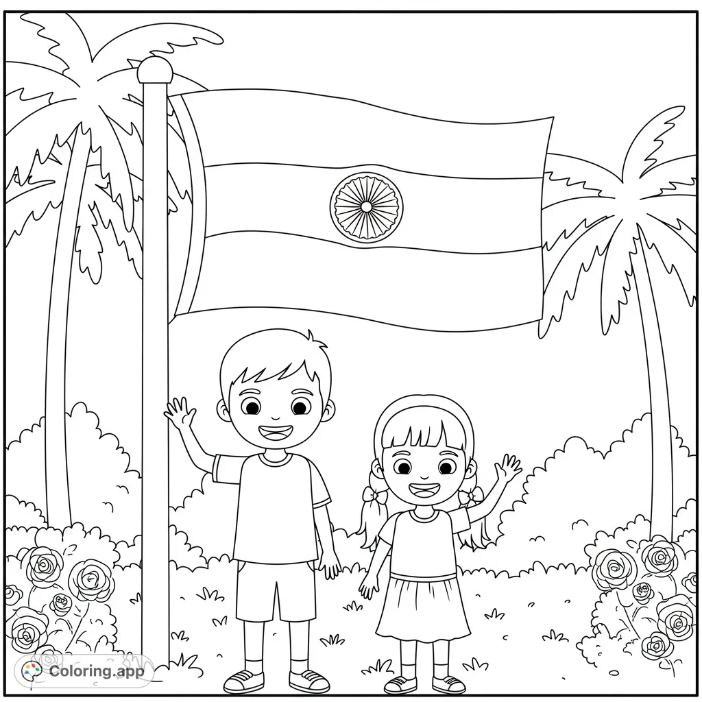 A heartwarming Trinidad and Tobago coloring page featuring two smiling South Asian siblings waving under palm trees with their national flag. Perfect for cultural learning.
