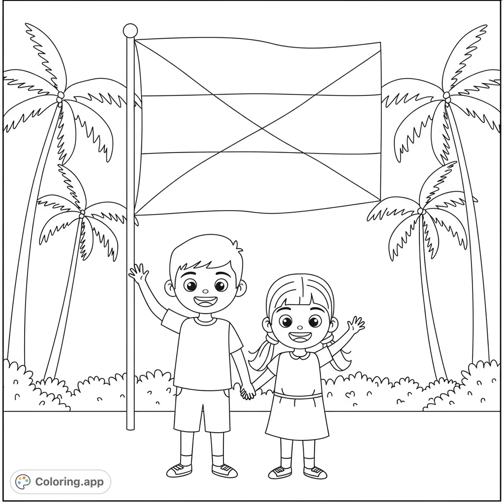 A delightful Trinidad and Tobago coloring page featuring two smiling South Asian siblings, Abhi and Anu, waving under palm trees with the national flag.