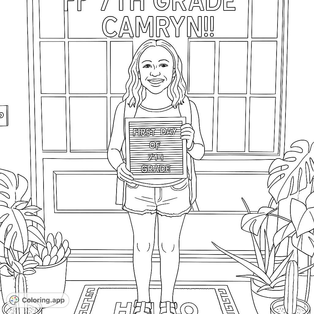 Celebrate a special school milestone! This coloring page features a smiling student ready for 7th grade, holding a message board, perfect for personalizing.