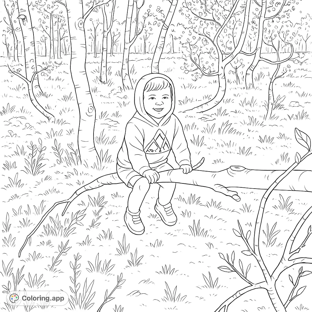A delightful child sits on a fallen tree branch in a serene forest, perfect for a nature-themed coloring page.