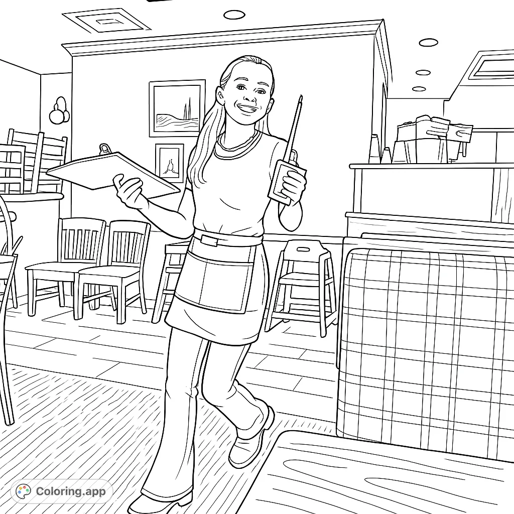 A cheerful server walks through a bustling restaurant, holding a menu and pen. A fun, detailed scene perfect for aspiring restaurant workers or anyone who loves dining out.