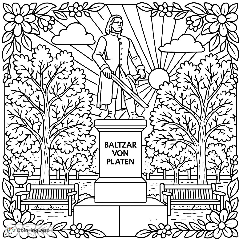 Color a detailed cartoony historical statue in an urban square, surrounded by trees, buildings, and decorative borders. A challenging and engaging page!