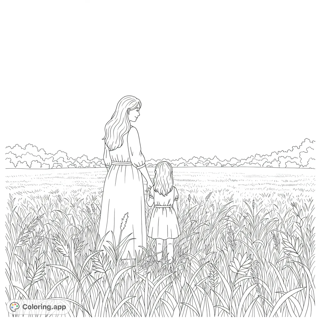 A heartwarming scene of a mother and daughter in a sunny field of tall grass, sharing a loving moment, perfect for a free printable coloring page.