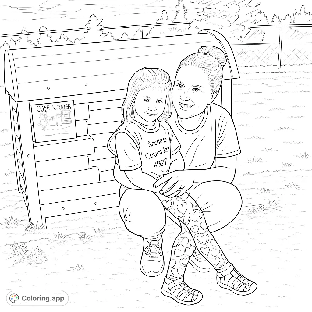 Capture a heartwarming moment of a woman and child at a playground. This free printable coloring page is perfect for family fun and creative expression.