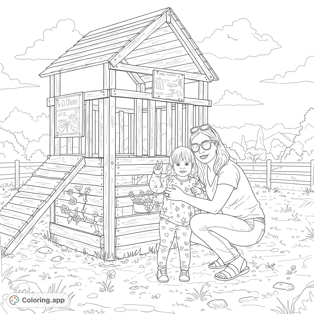 A heartwarming scene featuring a woman embracing a child in front of a simple wooden play structure, perfect for a family coloring page.