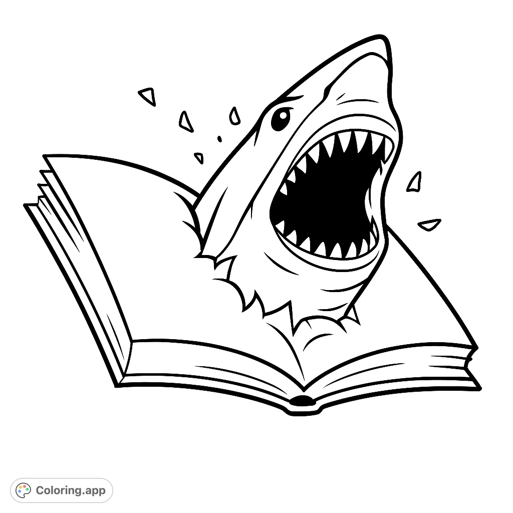 A thrilling shark bursts from an open book, teeth bared, with torn pages flying. A unique and exciting free printable coloring page for all ages!