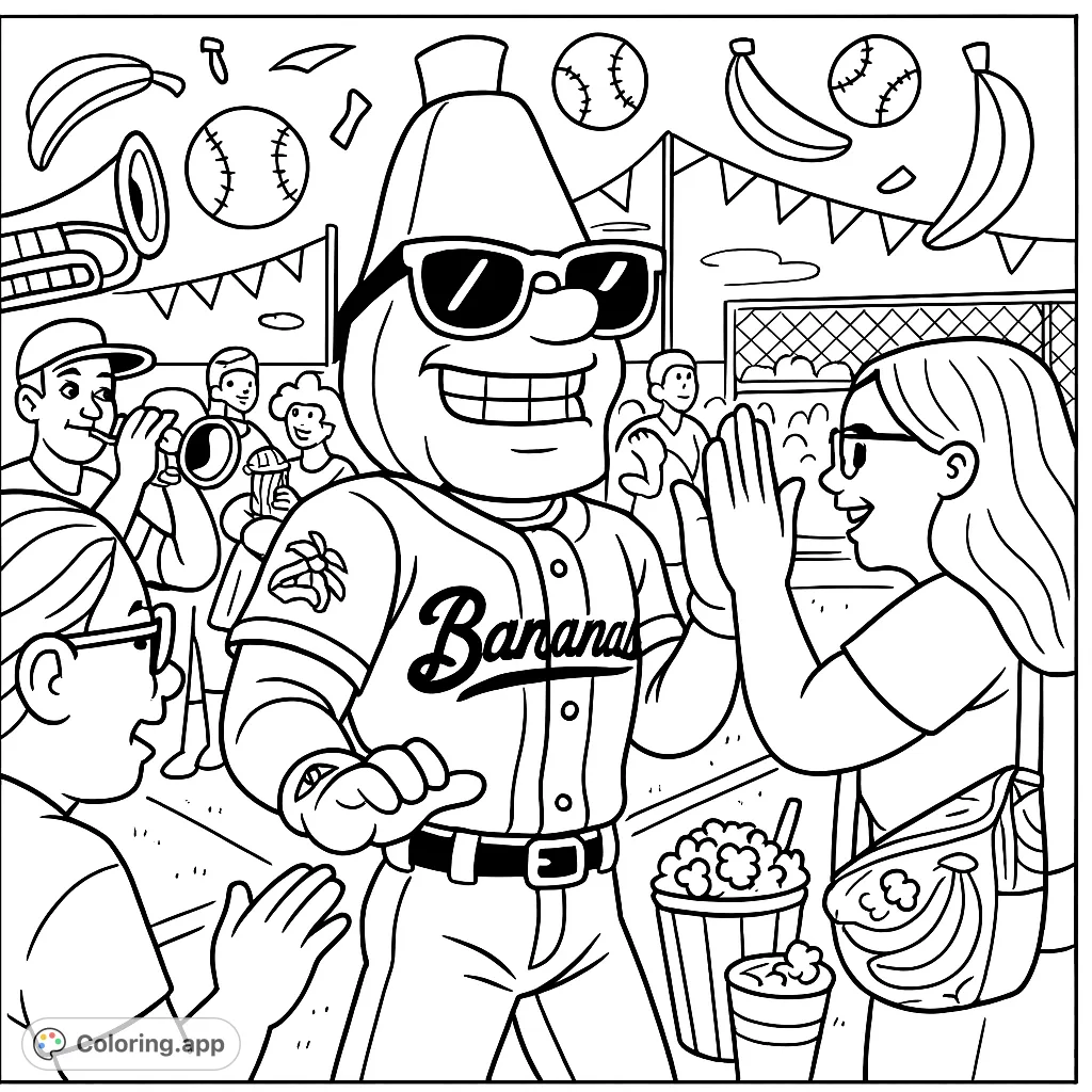 A fun, detailed banana mascot high-fiving fans at a lively baseball event. Features bananas, baseballs, and ballpark snacks for a cartoony coloring adventure.