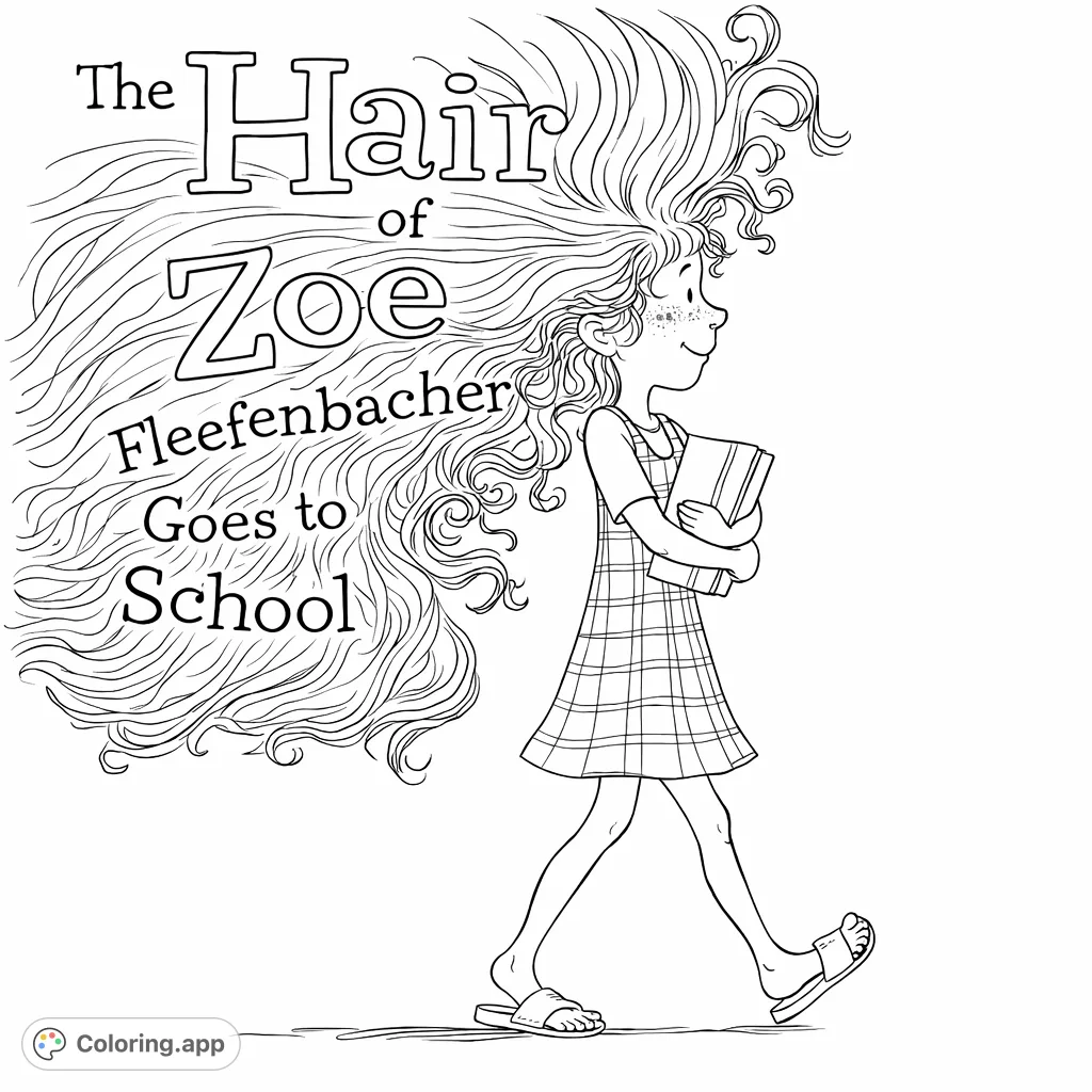 A delightful free printable girl with enormous hair coloring page. A whimsical character with flowing locks and books, ready for creative expression.