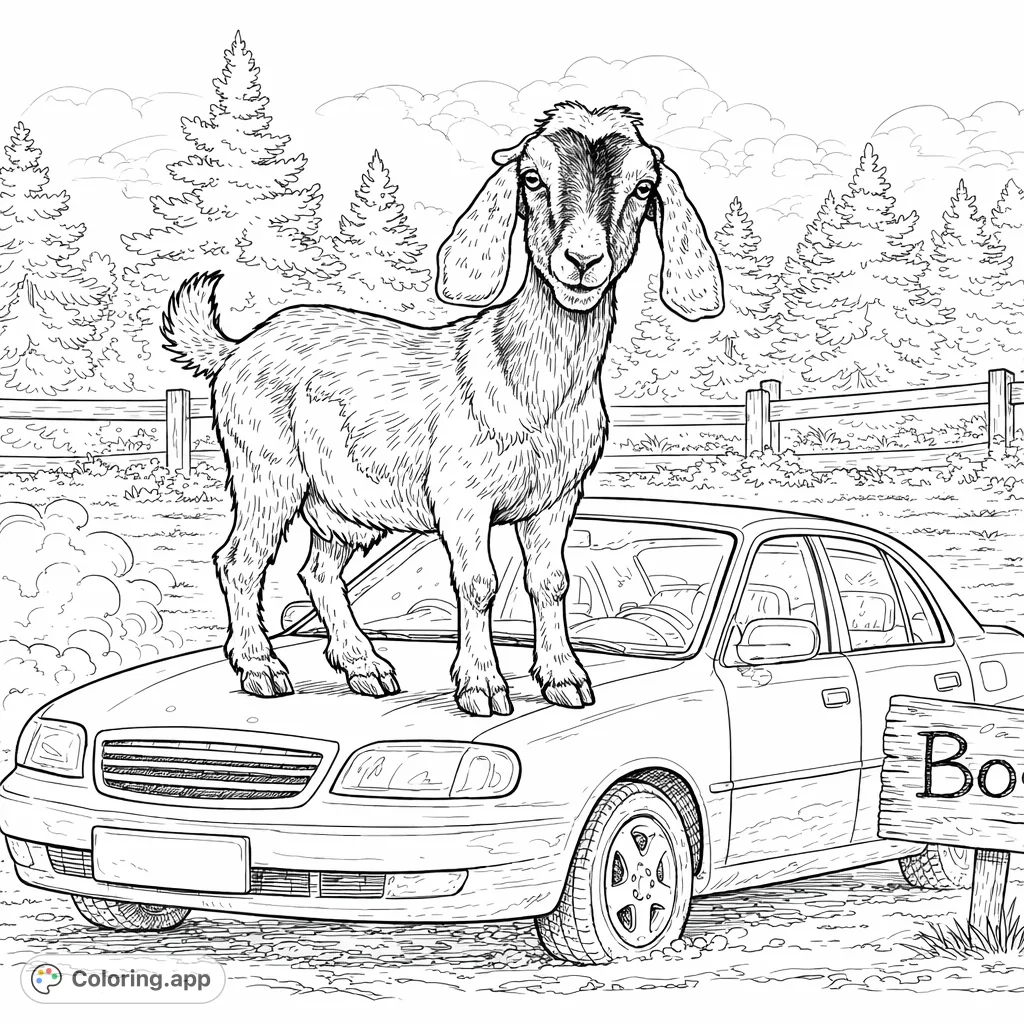 A whimsical goat stands confidently on a sedan's hood, set against a rural backdrop of evergreen trees and a fence. A fun, detailed animal and vehicle scene!
