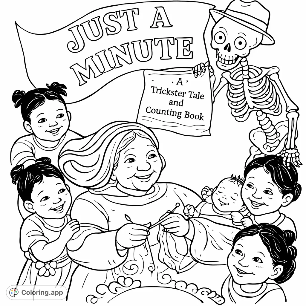 A heartwarming scene featuring a grandmother and children, joined by a friendly skeletal figure, perfect for a unique storytelling coloring page.