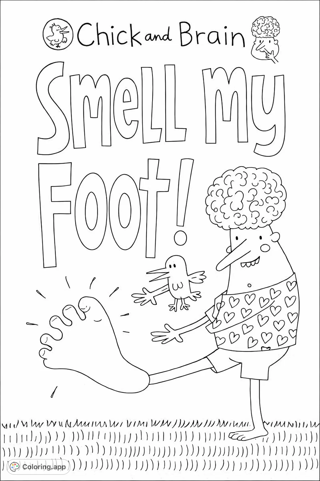 A whimsical character with a brain-like coiffure and a bird companion interacts with a prominent, expressive foot, promising a fun and quirky coloring experience.