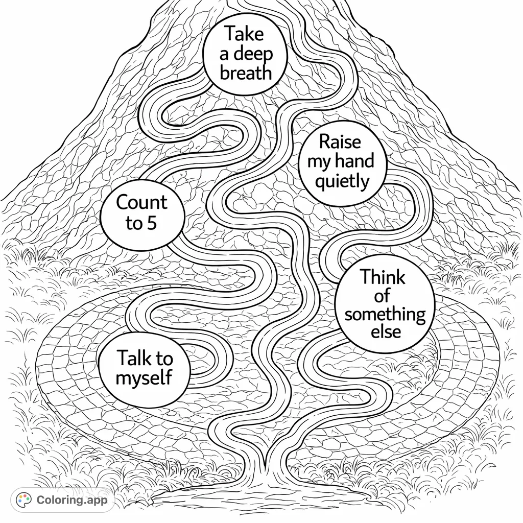 Explore a serene volcano scene with a winding path leading to calming techniques. A unique, free printable volcano coloring page for mindfulness.