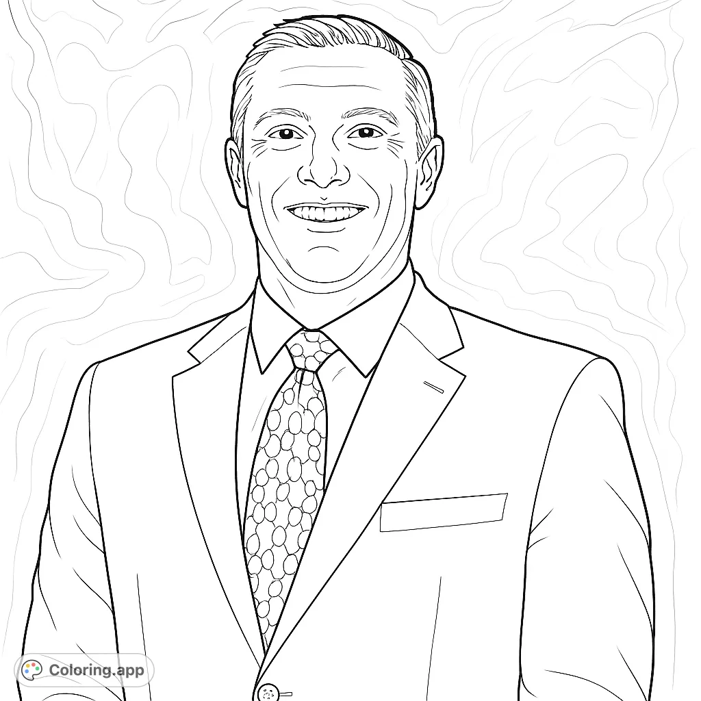 A professional man in a suit and patterned tie, smiling confidently. Perfect for coloring a distinguished portrait or a community figure.