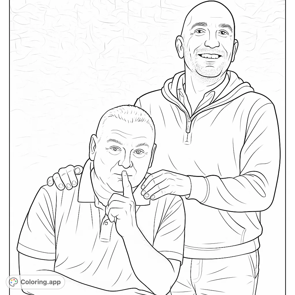 A heartwarming portrait of two men, one seated and one standing, perfect for a personalized coloring experience and a thoughtful gift.