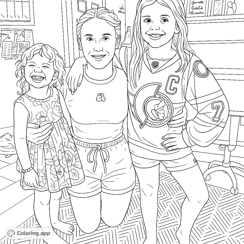 A heartwarming scene featuring three smiling individuals, two children and an adult, posing together in a cozy indoor setting, perfect for coloring.