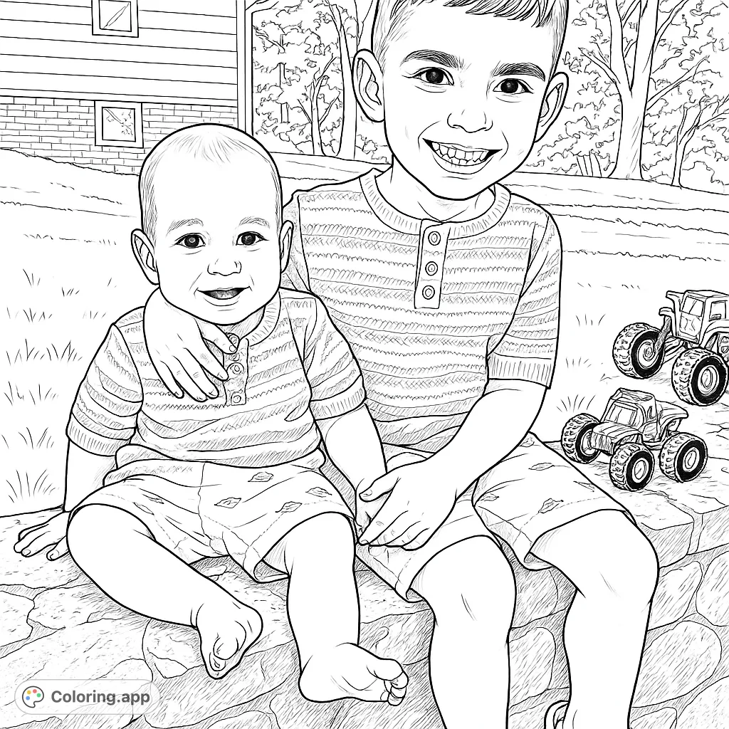 A heartwarming scene of two smiling brothers sitting together on a stone wall, perfect for a delightful coloring experience.