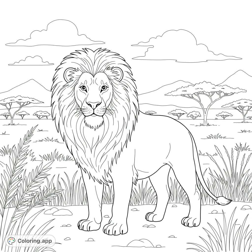 Color a majestic lion with a flowing mane in its natural savanna habitat. Perfect for young artists to explore creativity and animal themes.