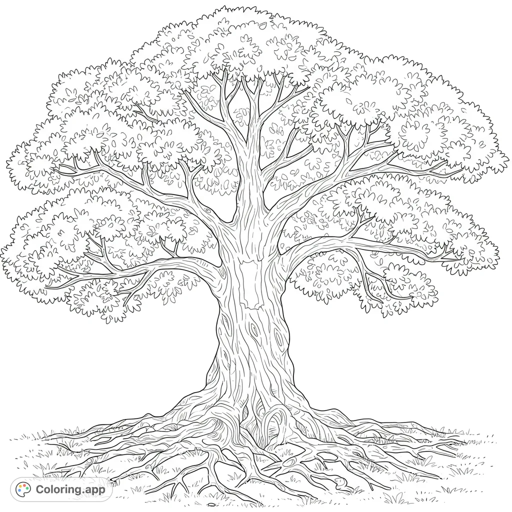 An intricate Tree of Life coloring page with expansive branches, inviting personalization and reflection on strength and growth. A free printable design.