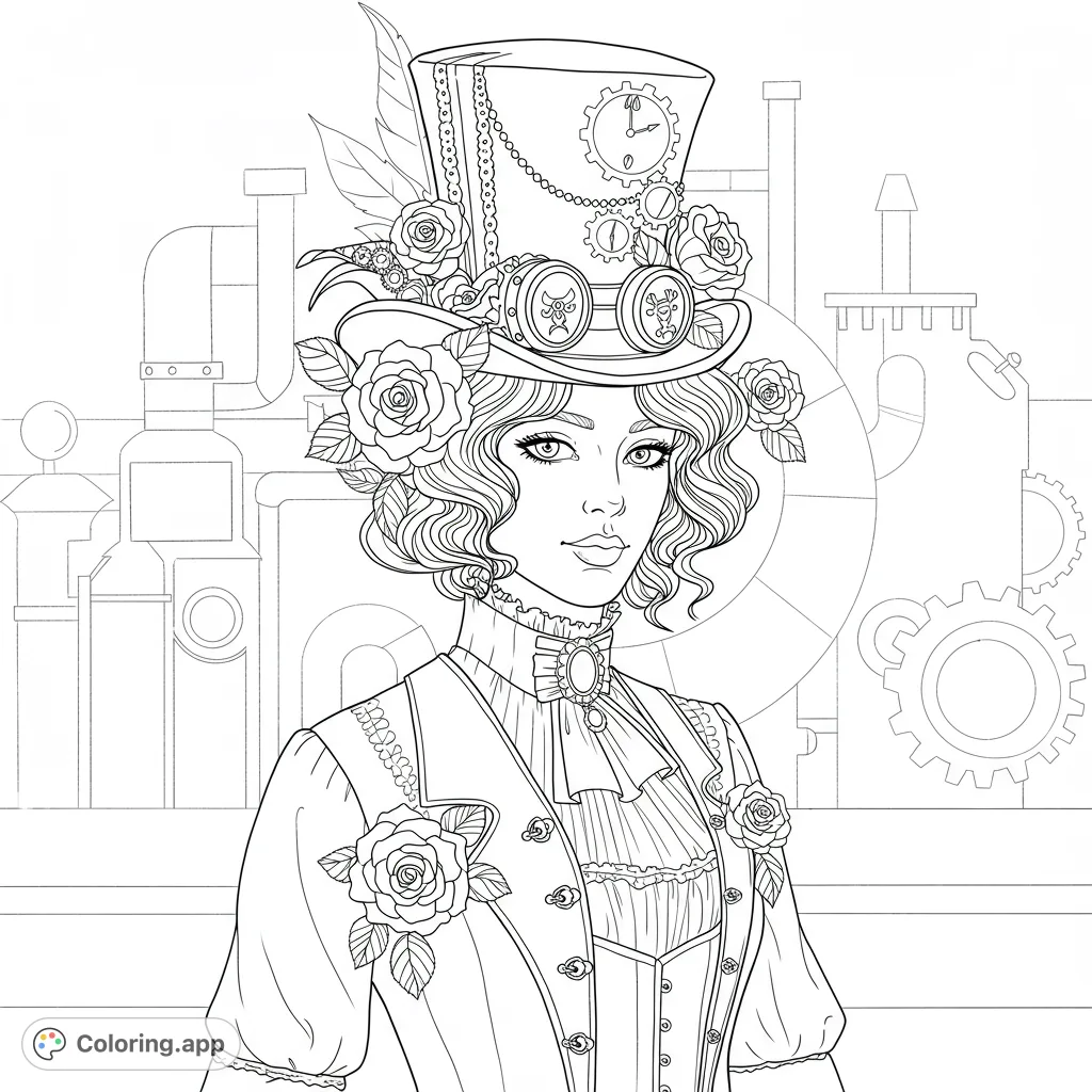 An intricate steampunk lady coloring page featuring a vintage hat, gears, and delicate roses, perfect for detailed coloring.