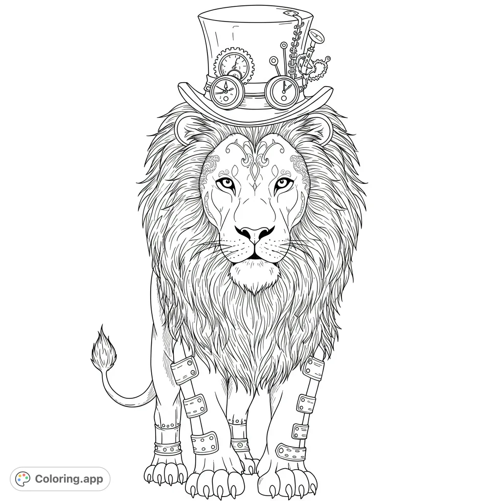 A majestic steampunk lion, adorned with a detailed top hat and mechanical mane, awaits your creative touch. A unique blend of nature and intricate machinery.