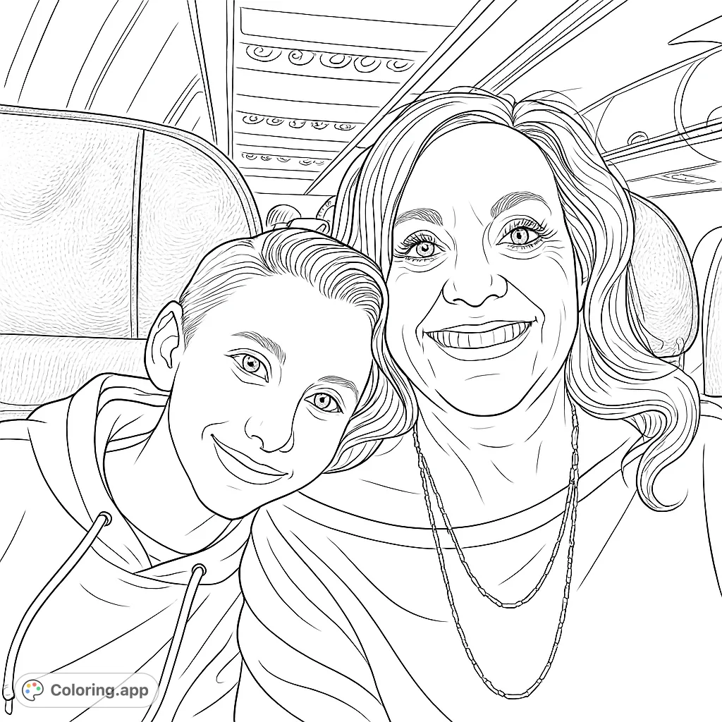 A heartwarming scene of a woman and boy smiling together on an airplane journey, perfect for a travel-themed coloring page.