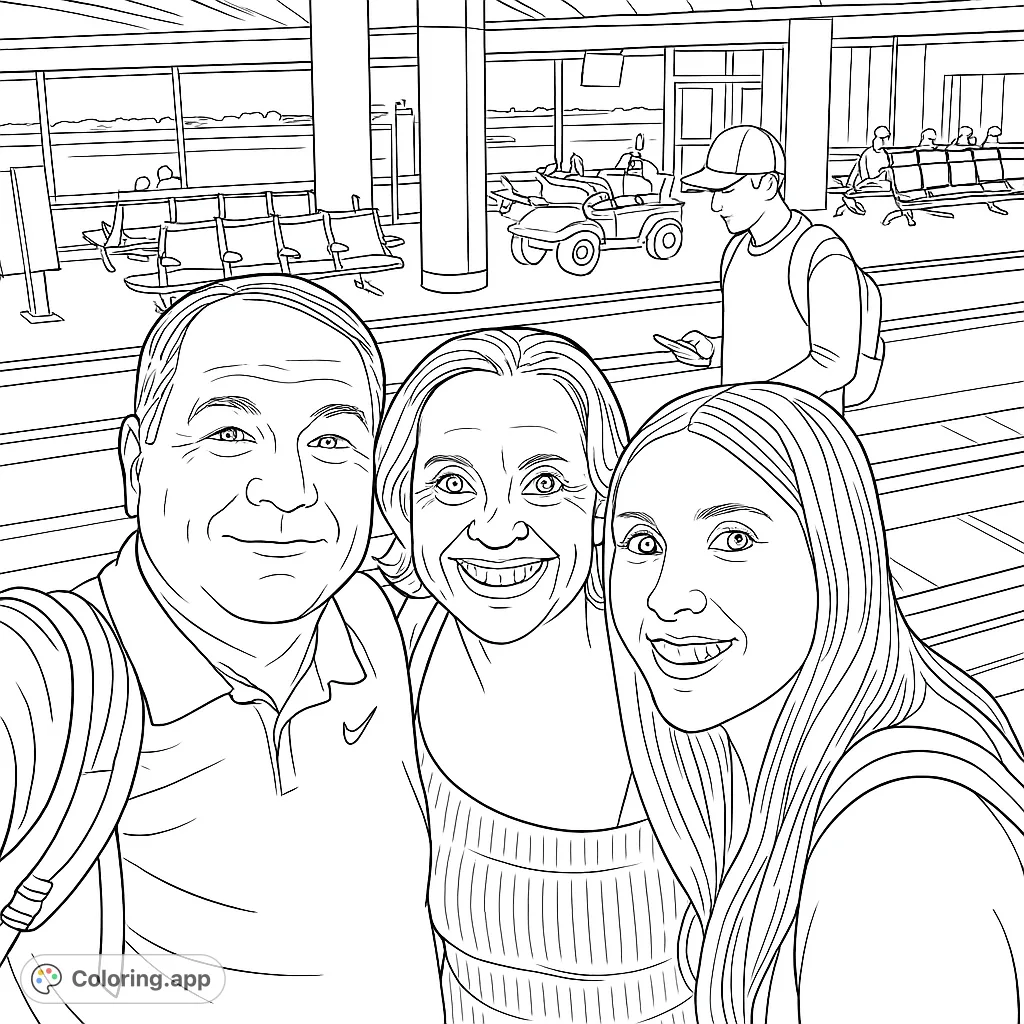 Capture a heartwarming family moment at a bustling airport terminal. Features three smiling individuals and a detailed travel setting.