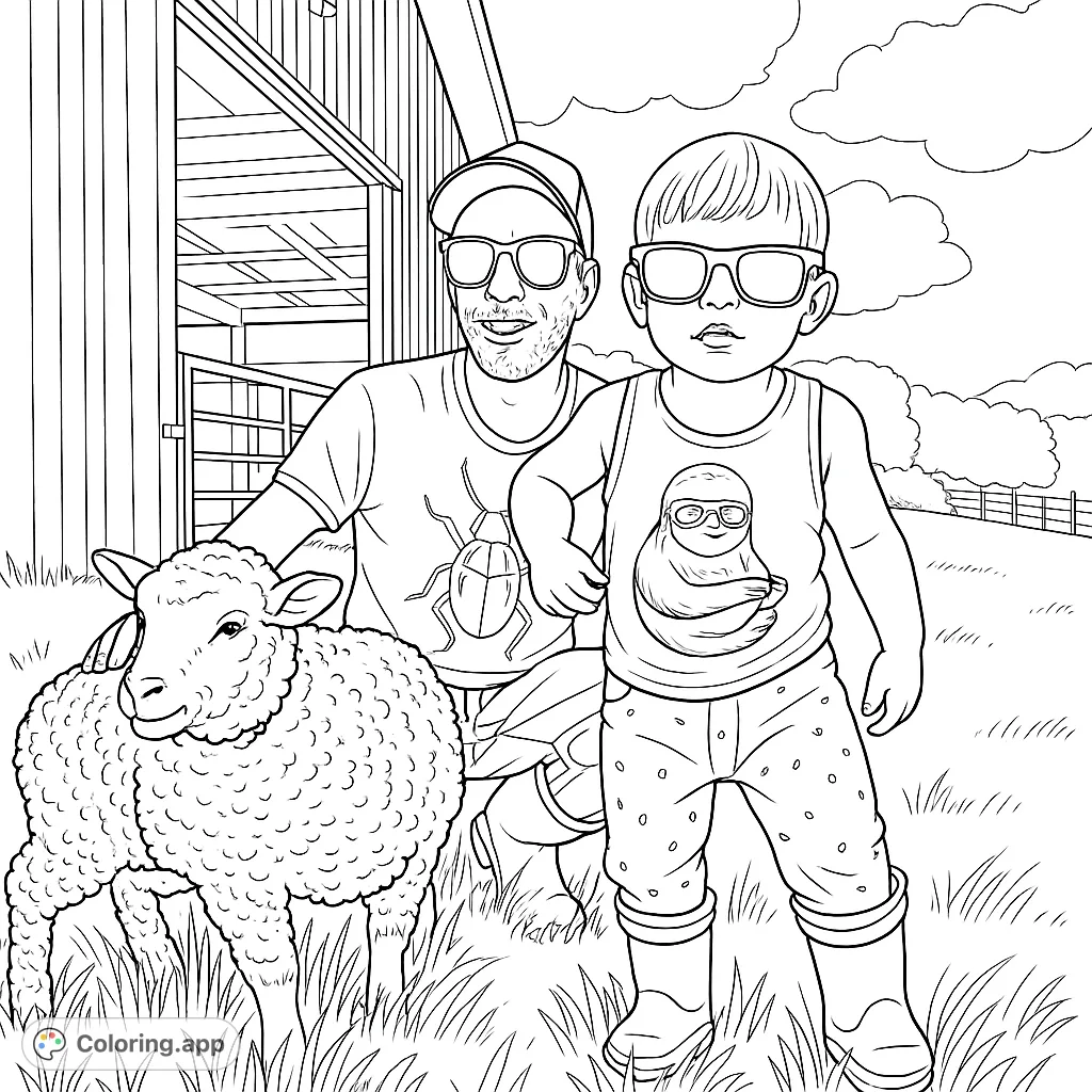 A heartwarming farm scene featuring a man, a child, and a sheep, set against a barn backdrop. Perfect for animal lovers and family fun.