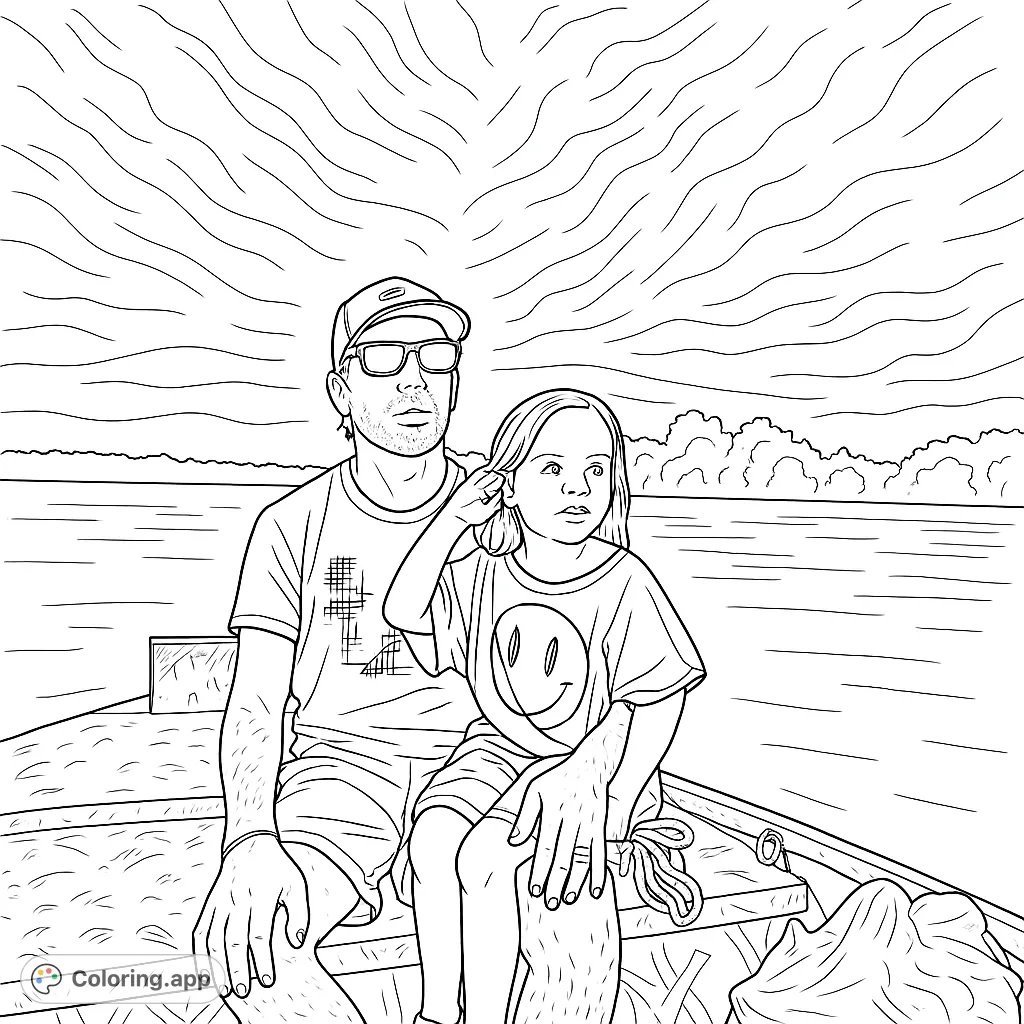 Capture a heartwarming moment of a father and child enjoying a peaceful boat ride on the water, surrounded by nature's tranquility.