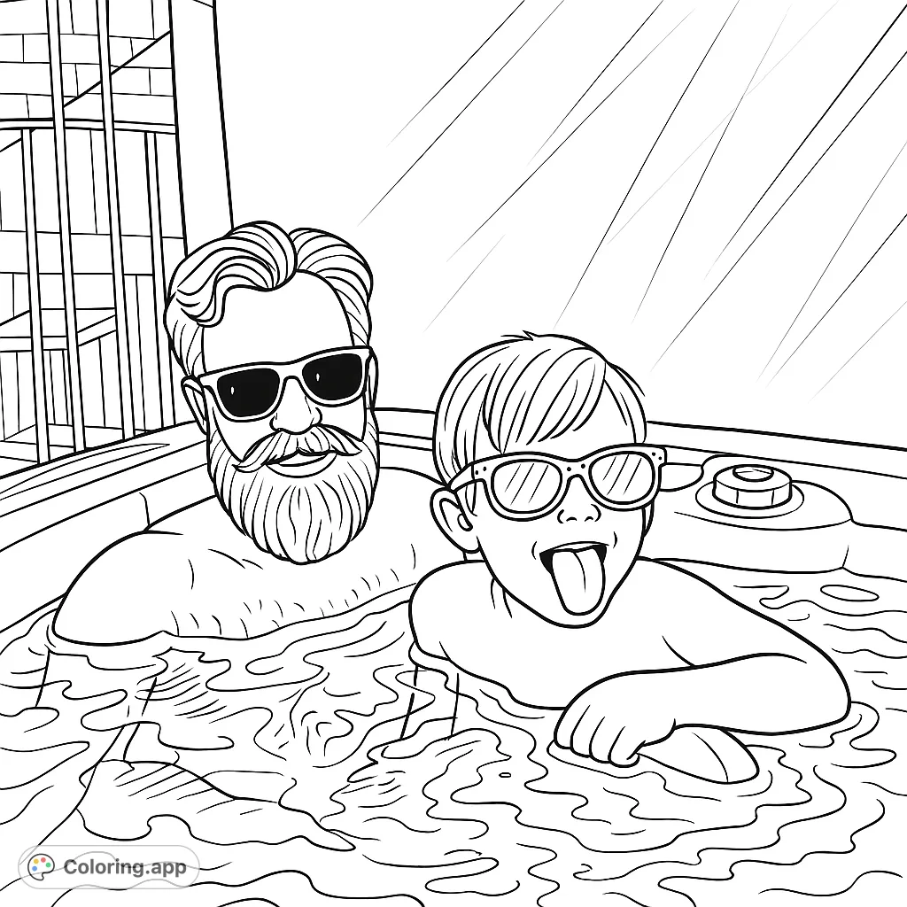A heartwarming hot tub scene featuring a smiling adult and a playful child in sunglasses. Perfect for a fun, relaxing coloring experience.
