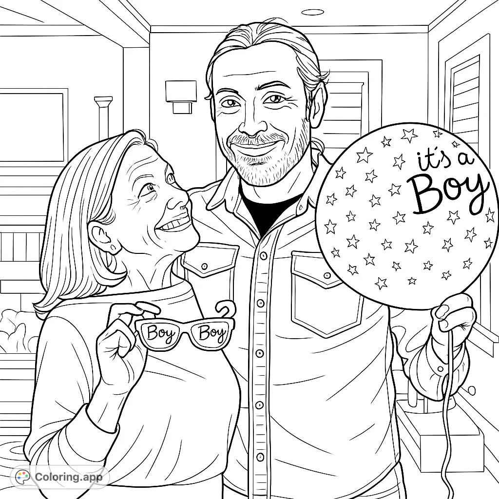 Celebrate a new arrival with this heartwarming 'It's a Boy' coloring page! Features a happy couple, a festive balloon, and novelty glasses.
