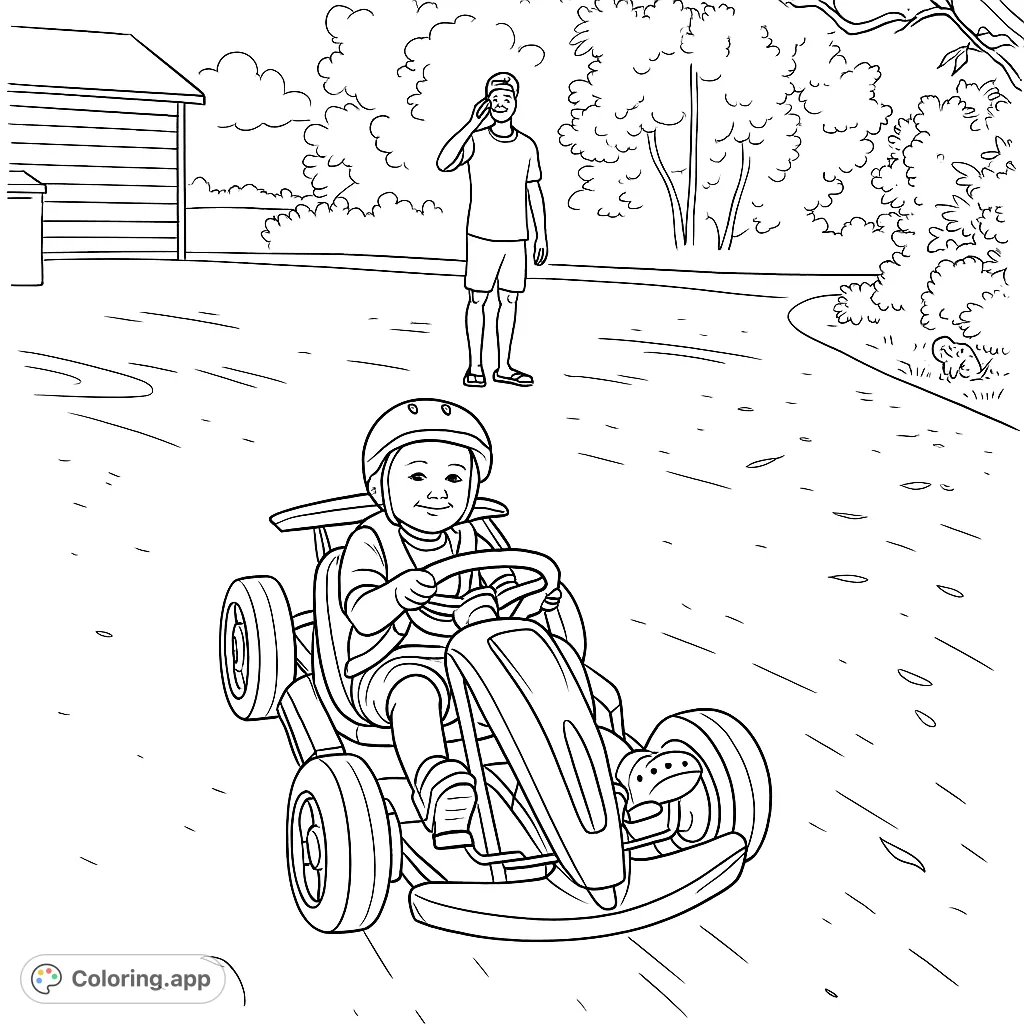 Zoom into fun with this go-kart coloring page! A child in a helmet drives a cool go-kart, with an adult nearby. Perfect for young speedsters!