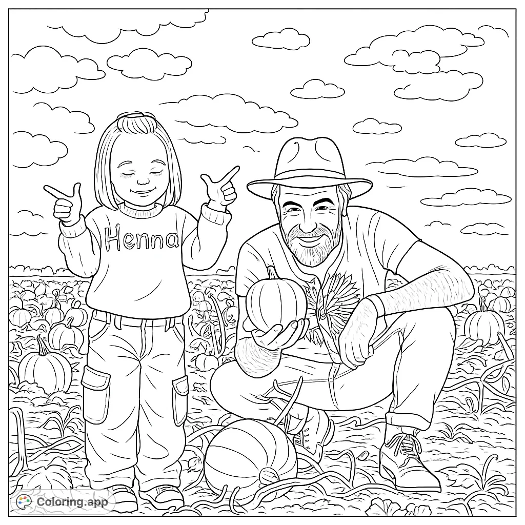 Capture the joy of a pumpkin patch adventure! A child and adult pose with pumpkins amidst a field of vines, perfect for a delightful autumn coloring experience.